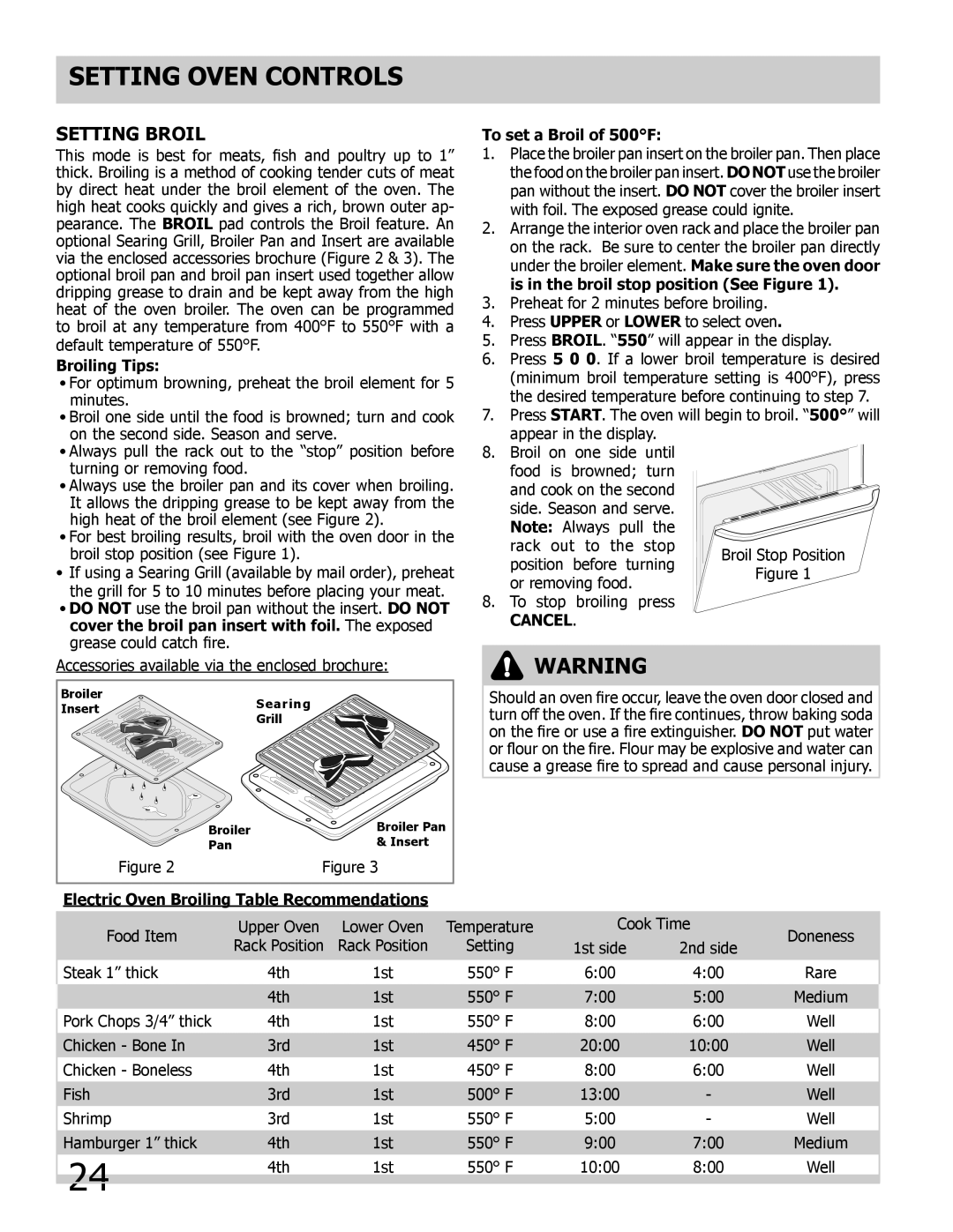 Frigidaire 318205205 manual Setting Broil, Broiling Tips, To set a Broil of 500F, Cancel, Setting Oven Controls 
