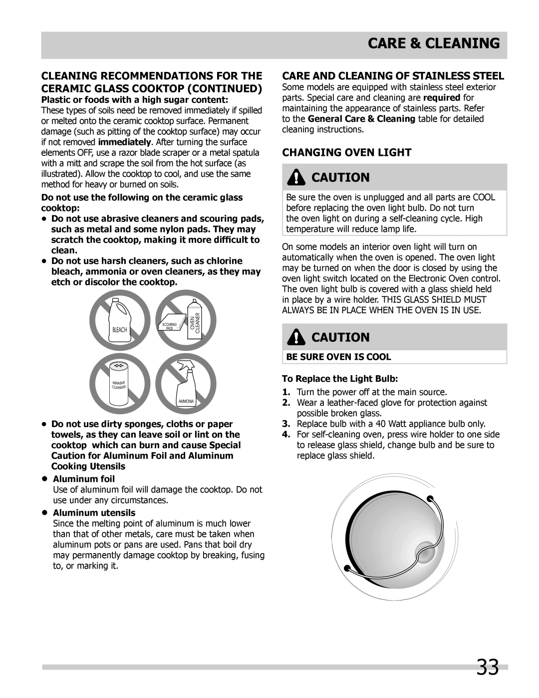 Frigidaire 318205205 manual Cleaning recommendations for the ceramic glass cooktop continued, Changing oven light 