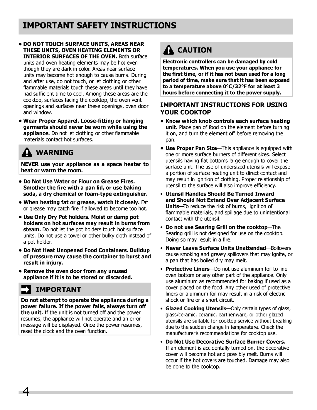 Frigidaire 318205205 manual IMPORTANT INSTRUCTIONS FOR USING YOUR cooktop, Do Not Touch Surface Units, Areas Near 