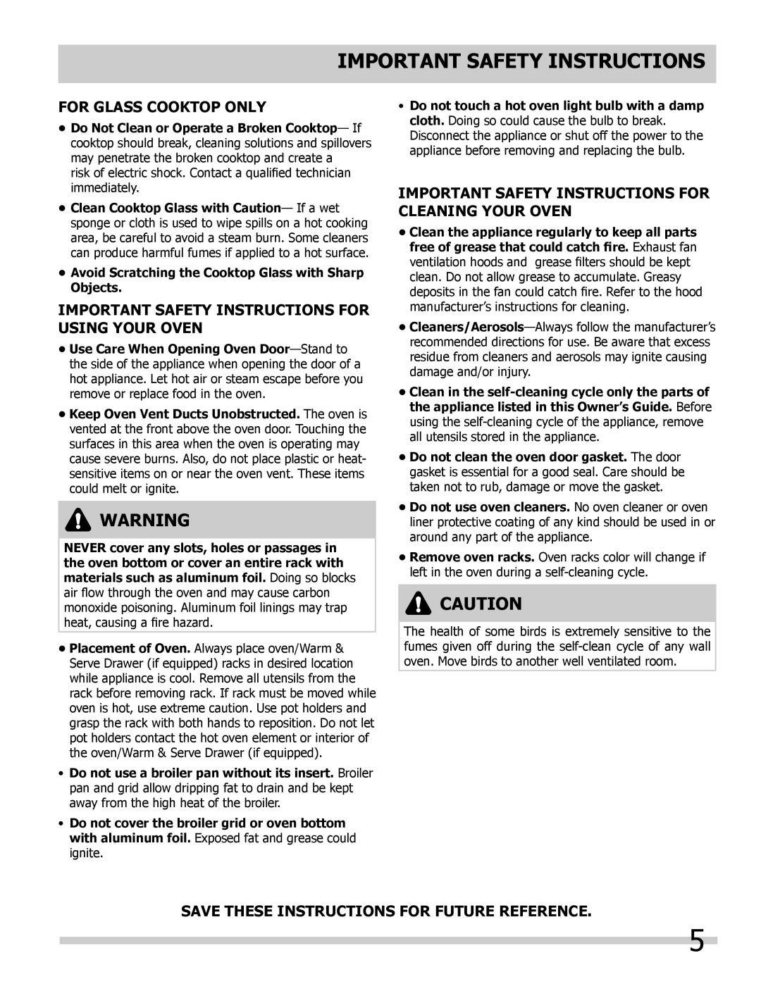 Frigidaire 318205205 manual For Glass Cooktop Only, Important Safety Instructions For Using Your Oven 