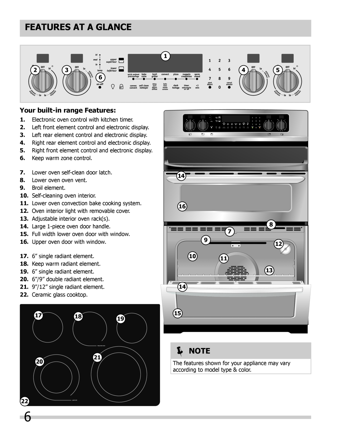 Frigidaire 318205205 manual Features At A Glance, Your built-in range Features, 2021,  Note 