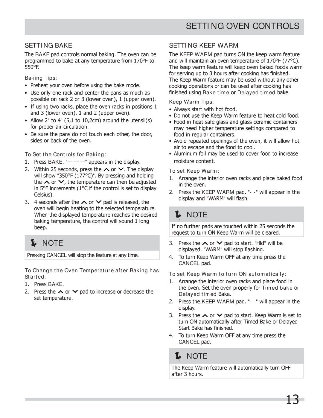 Frigidaire 318205258 important safety instructions Setting Oven Controls, Setting Bake, Setting Keep Warm 