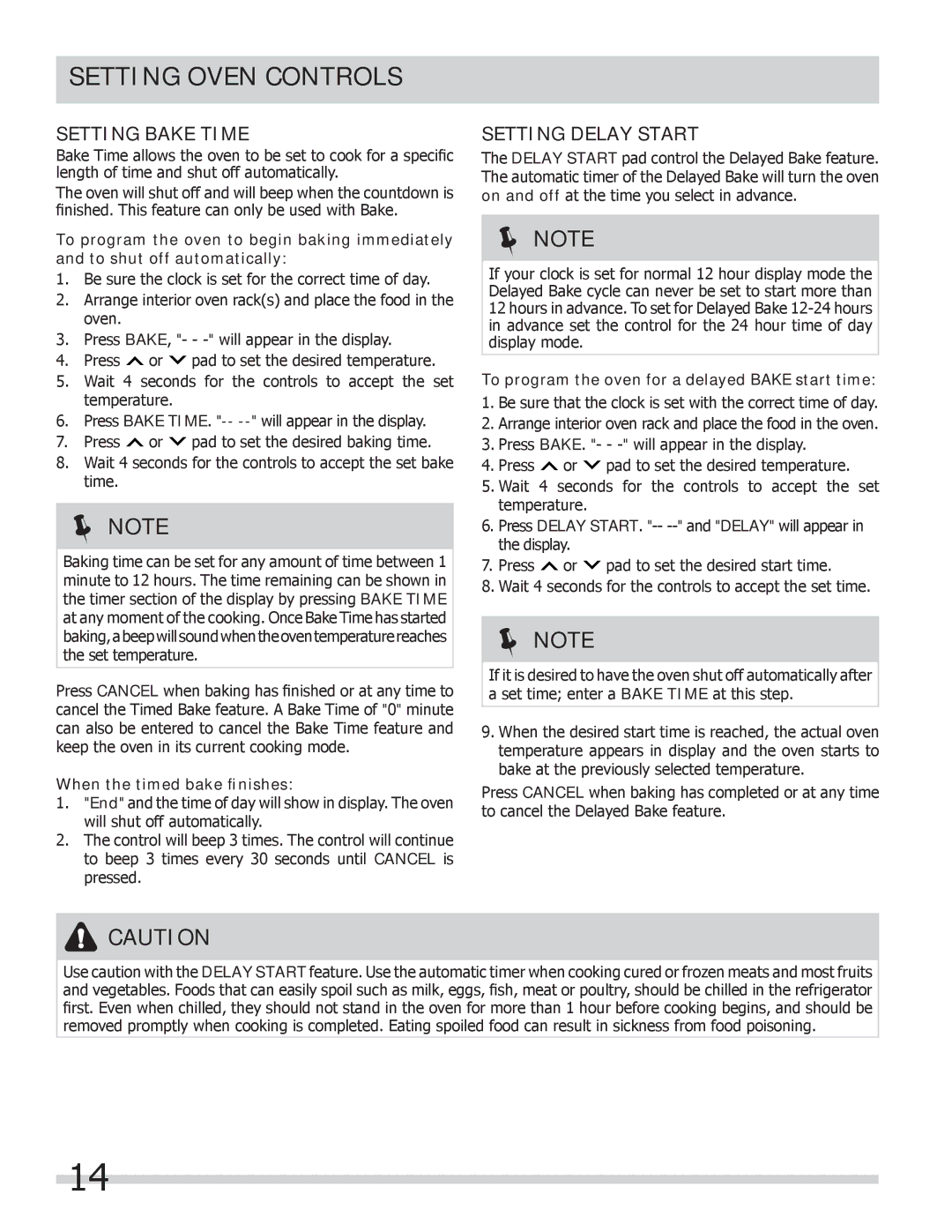 Frigidaire 318205258 important safety instructions Setting Bake Time, Setting Delay Start, When the timed bake ﬁnishes 