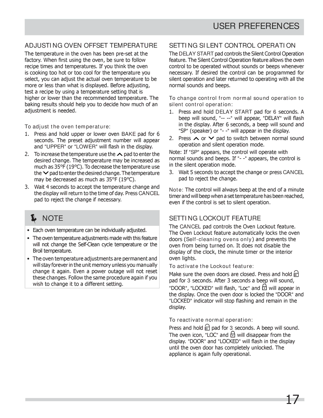 Frigidaire 318205258 User Preferences, Adjusting Oven Offset Temperature, Setting Silent Control Operation 