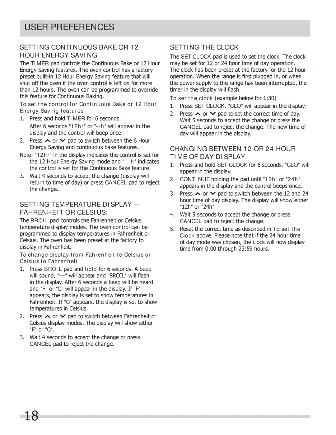 Frigidaire 318205258 Setting Continuous Bake or 12 Hour Energy Saving, Setting Temperature Display Fahrenheit or Celsius 