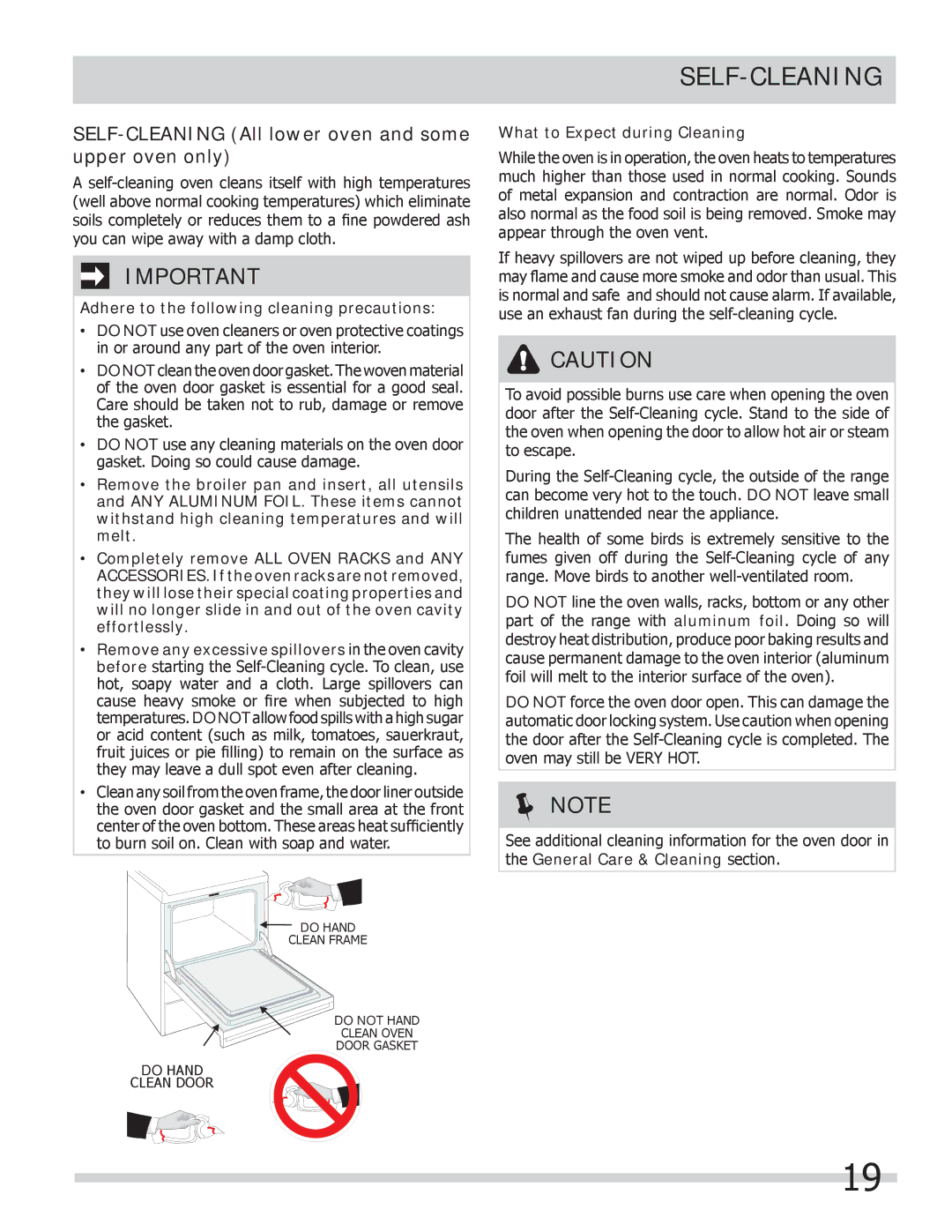 Frigidaire 318205258 Self-Cleaning, Adhere to the following cleaning precautions, What to Expect during Cleaning 