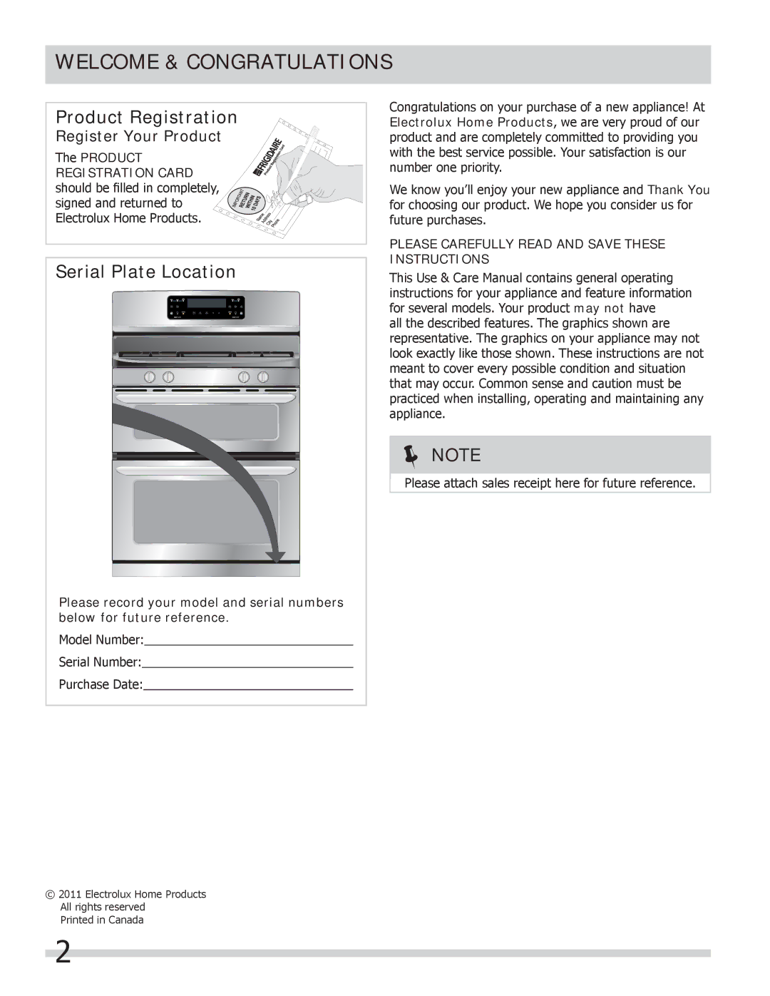 Frigidaire 318205258 Welcome & Congratulations, Product, Please Carefully Read and Save These Instructions 