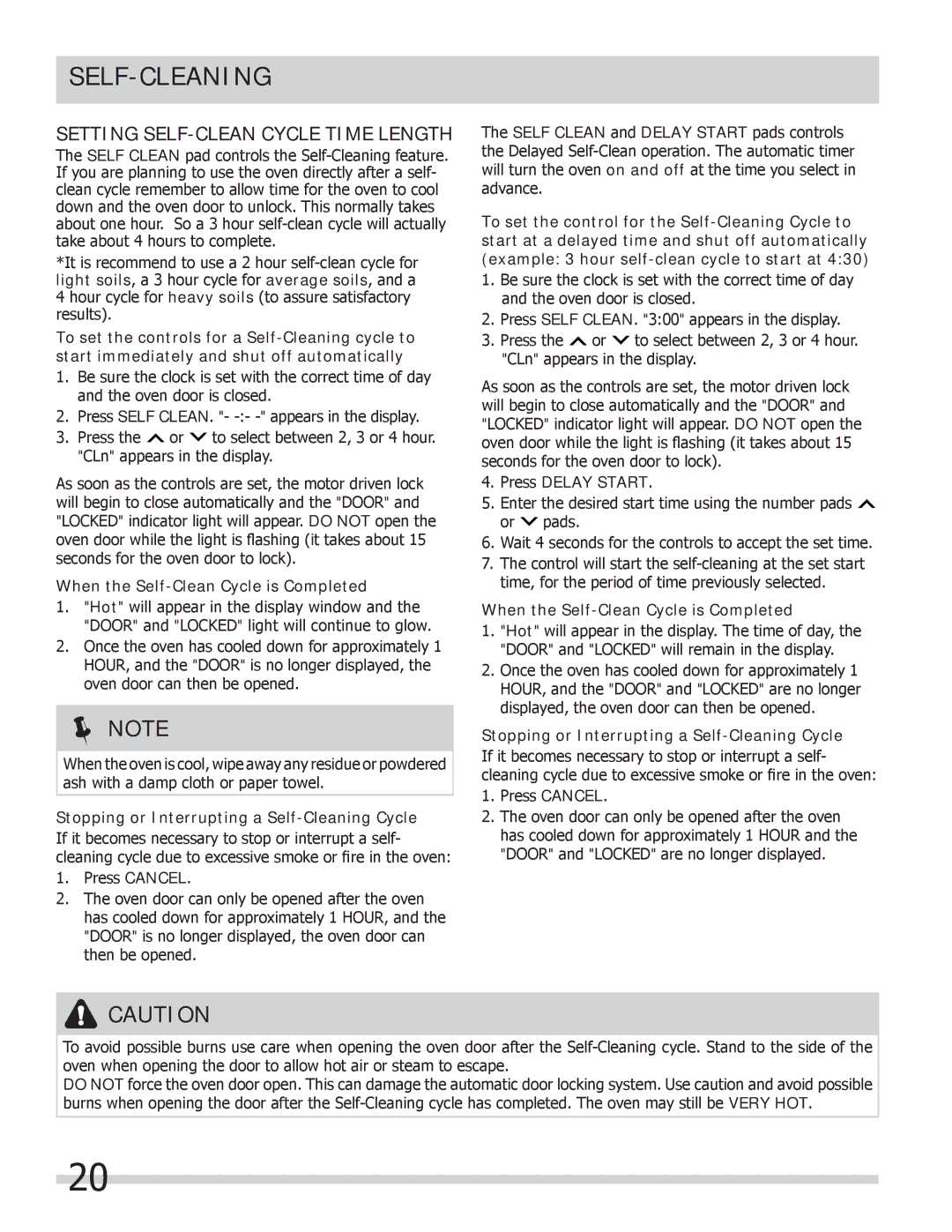 Frigidaire 318205258 Setting SELF-CLEAN Cycle Time Length, When the Self-Clean Cycle is Completed, Press Delay Start 