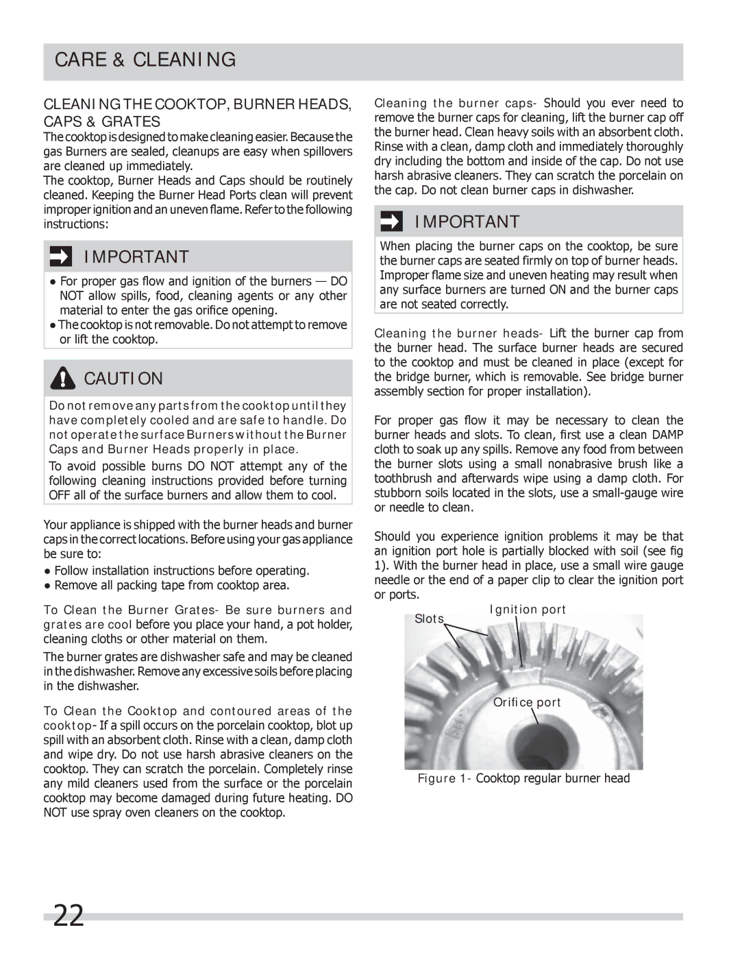 Frigidaire 318205258 important safety instructions Care & Cleaning, Cleaning the COOKTOP, Burner HEADS, Caps & Grates 