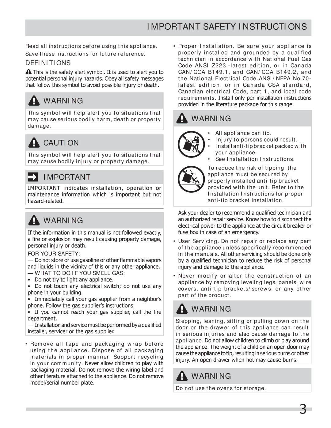 Frigidaire 318205258 Important Safety Instructions, Definitions, For Your Safety, What to do if YOU Smell GAS 