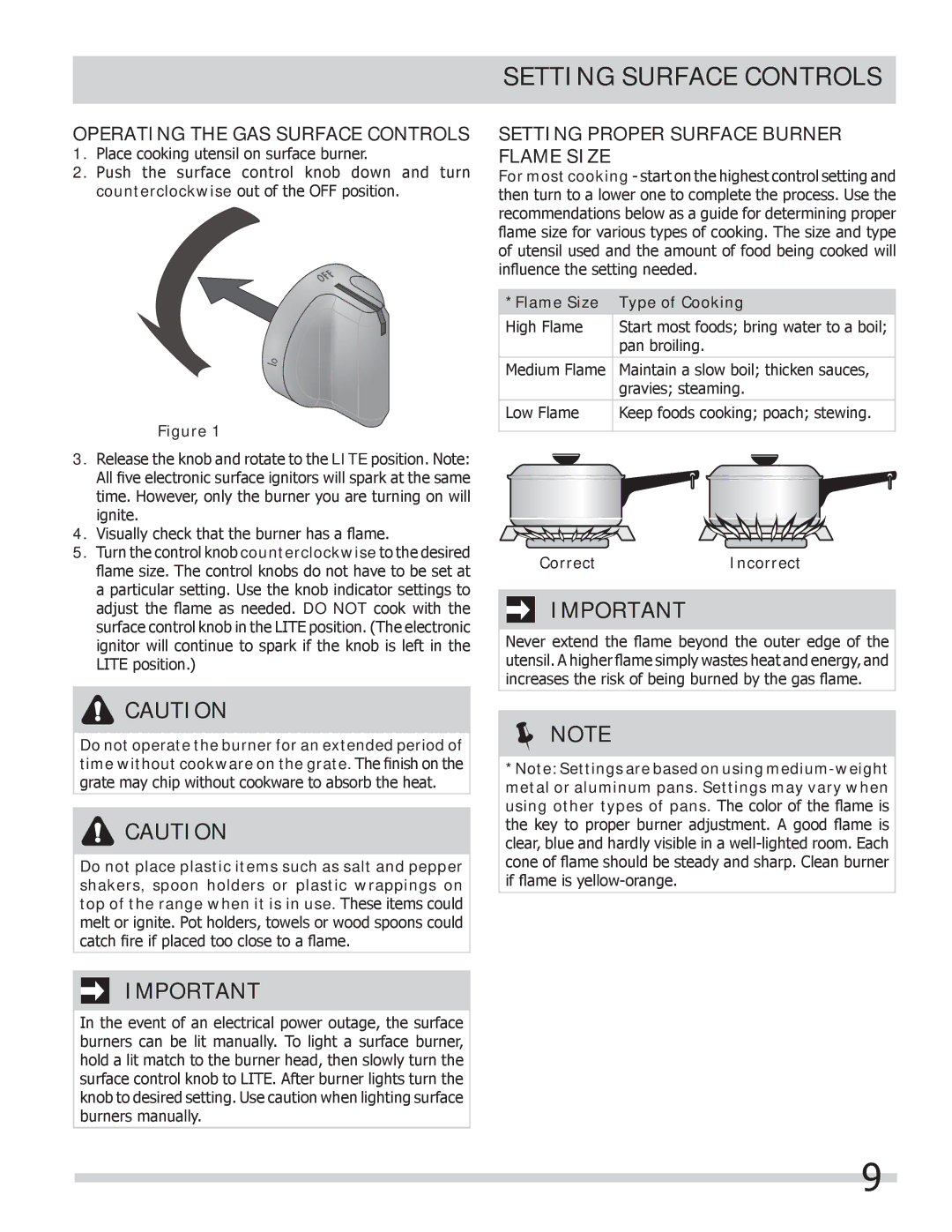 Frigidaire 318205258 Setting Surface Controls, Operating the GAS Surface Controls, Flame Size Type of Cooking 