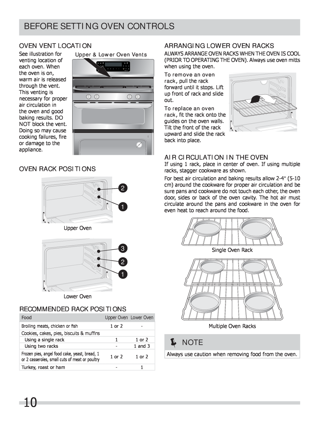Frigidaire 318205258 Before Setting Oven Controls, Oven Vent Location, Oven Rack Positions, Recommended Rack Positions 