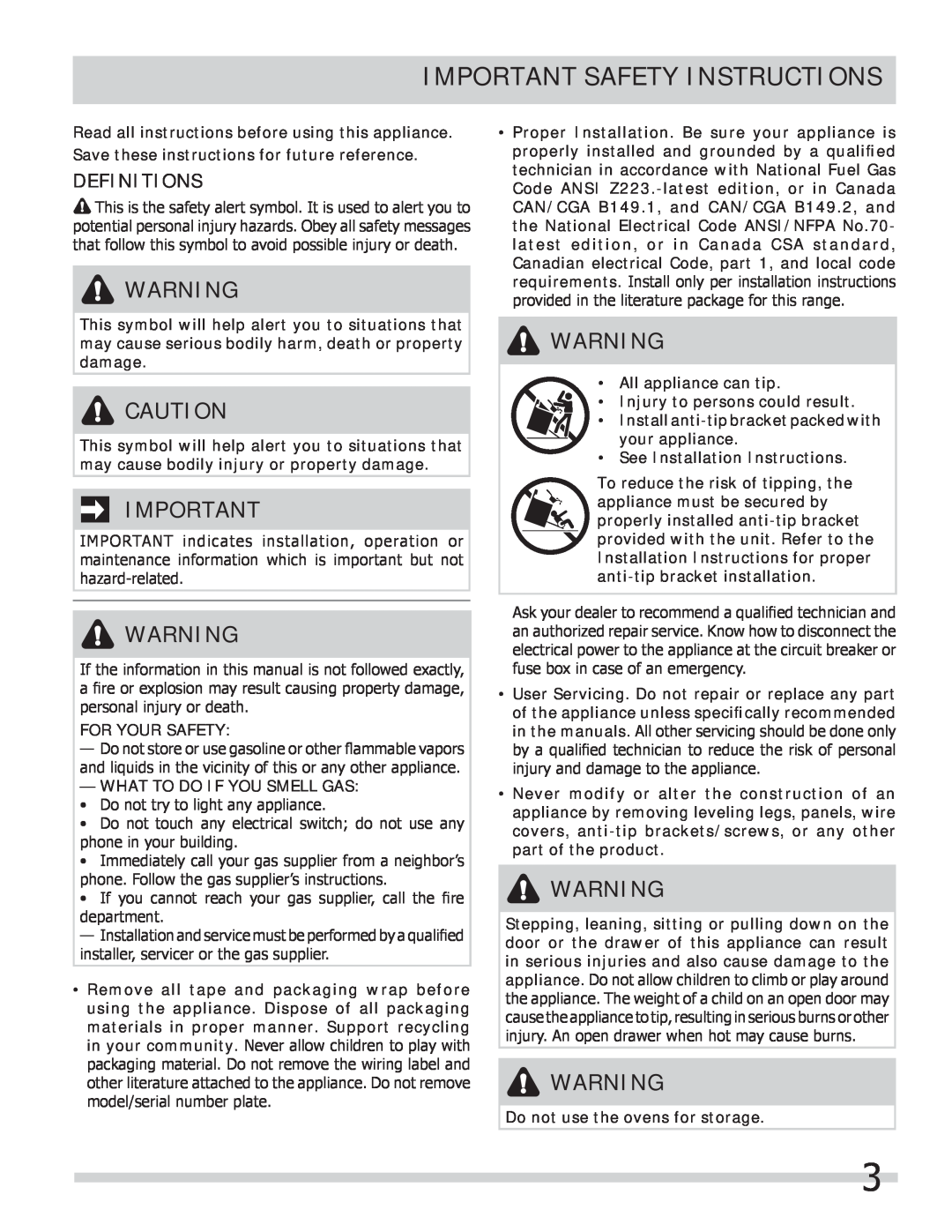Frigidaire 318205258 important safety instructions Important Safety Instructions, Definitions 