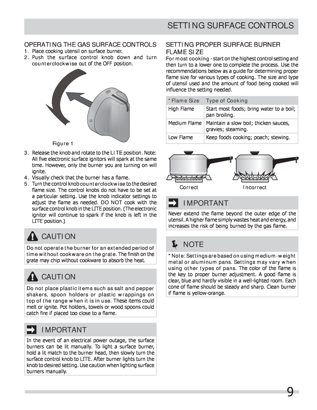 Frigidaire 318205258 important safety instructions Setting Surface Controls, Operating The Gas Surface Controls 
