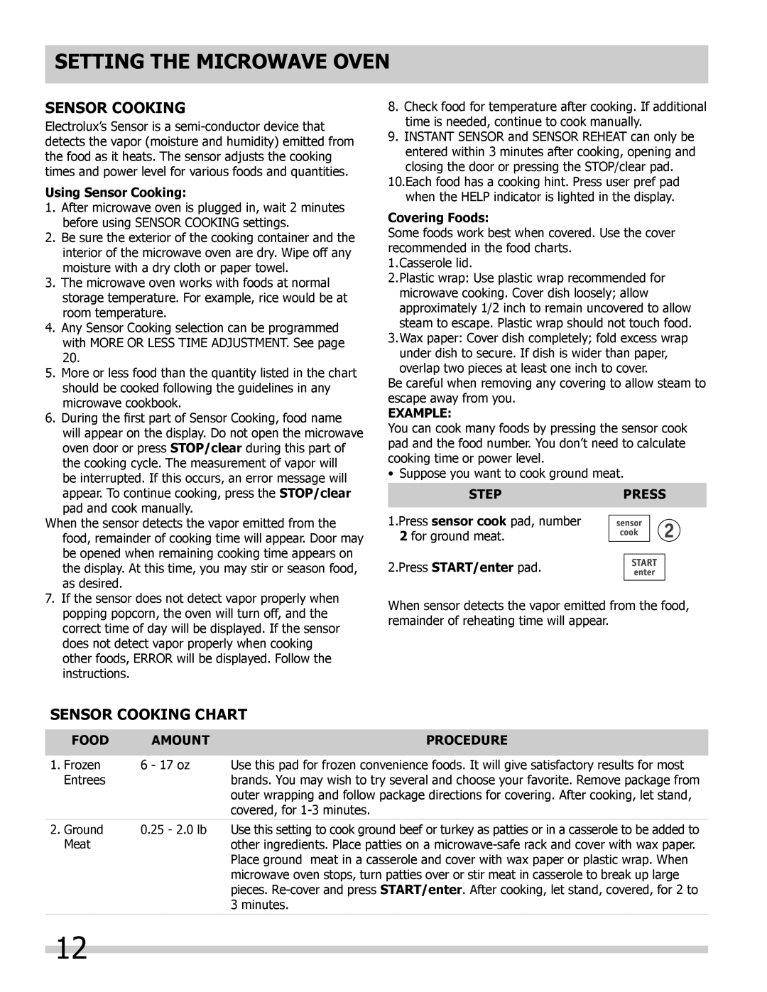 Frigidaire 318205300 important safety instructions Sensor Cooking Chart, Example, Food Amount Procedure 