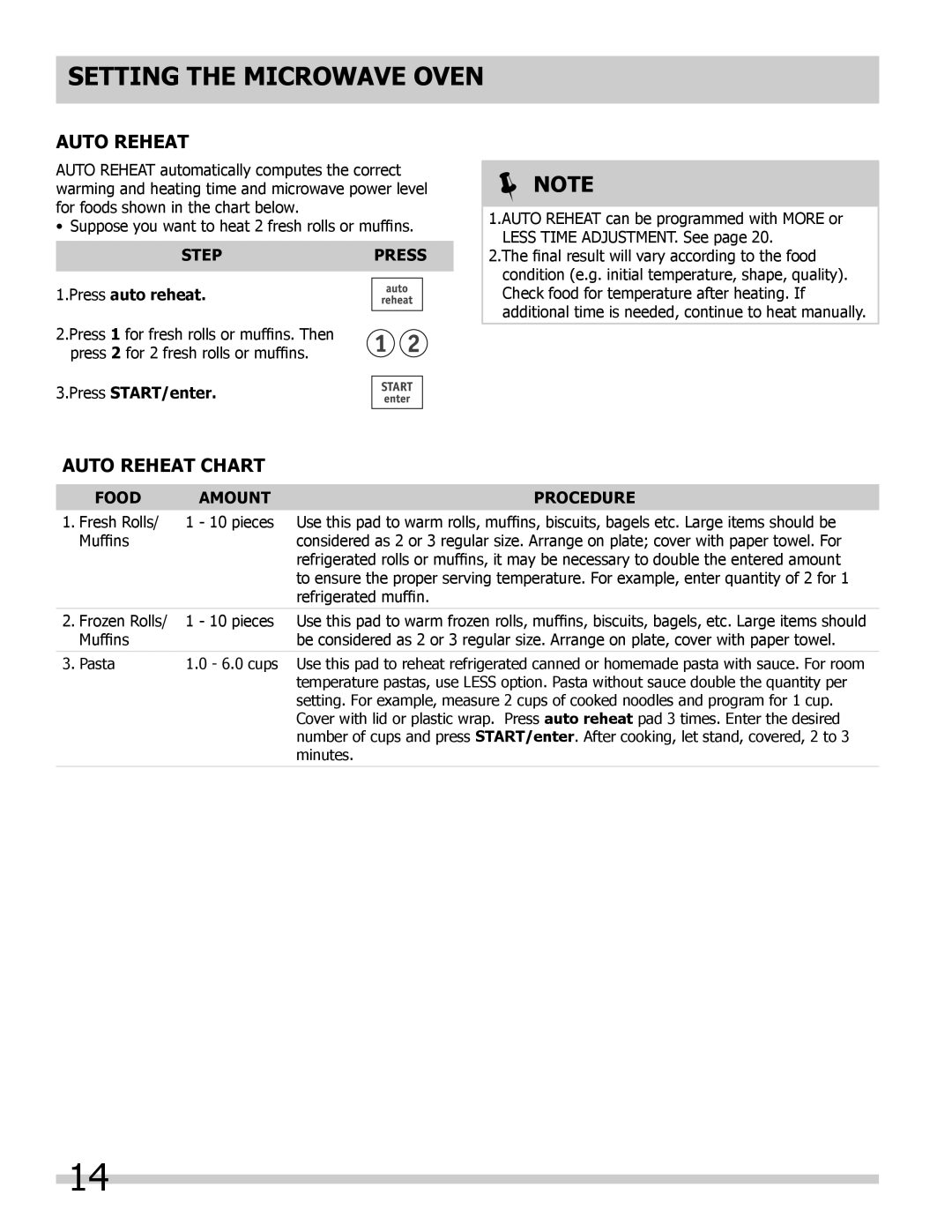 Frigidaire 318205300 important safety instructions Auto Reheat Chart, StepPress Press auto reheat, Press START/enter 