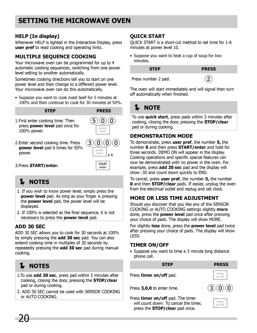 Frigidaire 318205300 Multiple Sequence Cooking, Demonstration Mode, More or Less Time Adjustment, Timer ON/OFF 