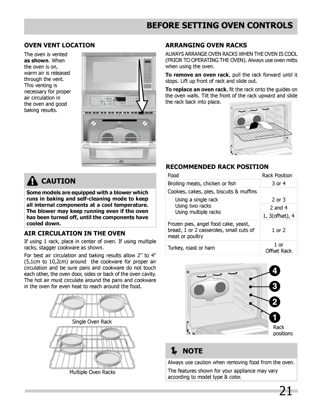 Frigidaire 318205300 Oven Vent Location, Air Circulation in the Oven, Arranging Oven Racks, Recommended Rack Position 