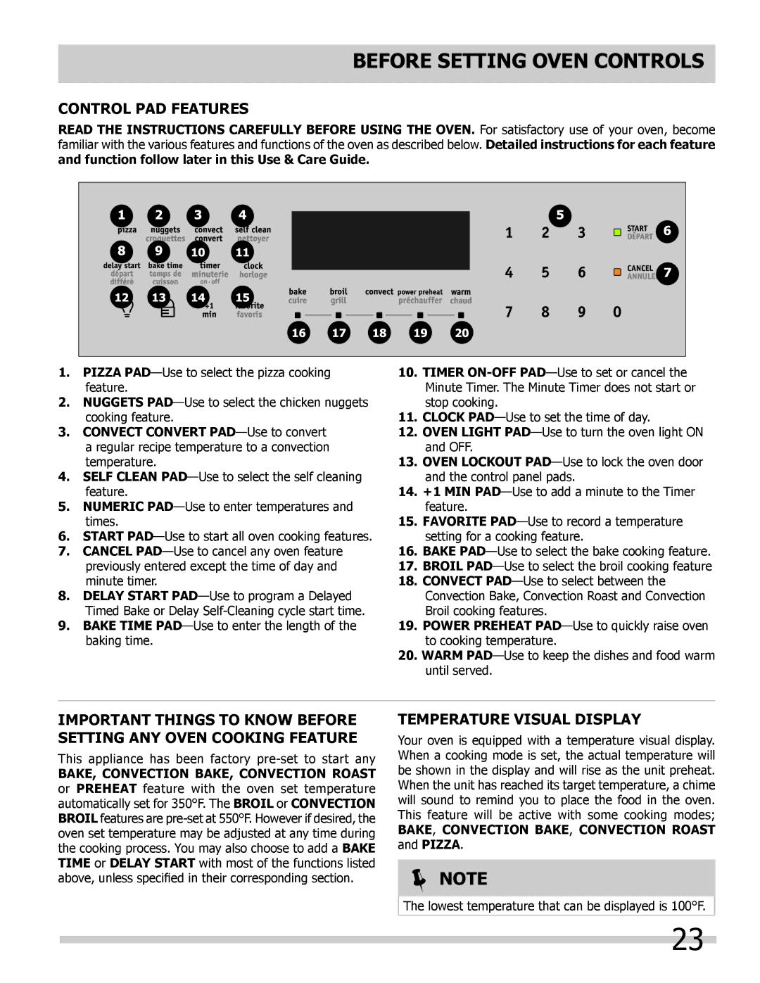 Frigidaire 318205300 Before Setting Oven controls, Control Pad Features, Temperature Visual Display 