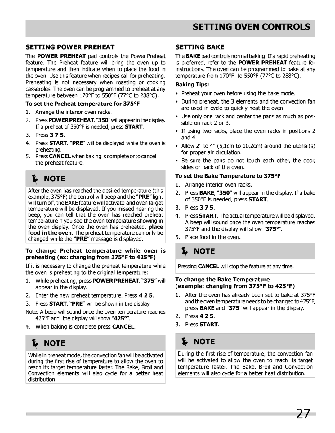 Frigidaire 318205300 Setting power Preheat, Setting Bake, To set the Preheat temperature for 375F, Baking Tips 