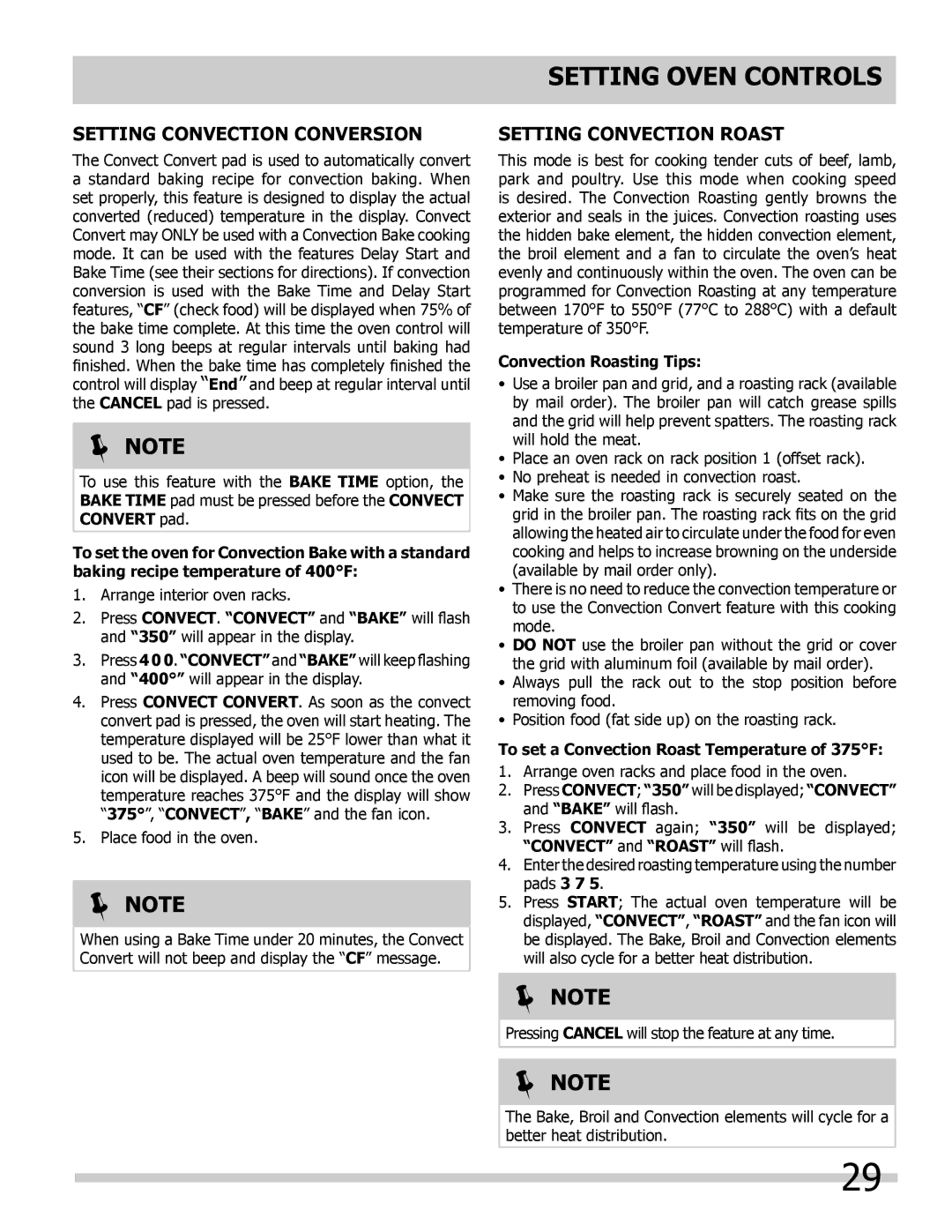 Frigidaire 318205300 Setting Convection CONVERsion, Setting Convection Roast, Convection Roasting Tips 