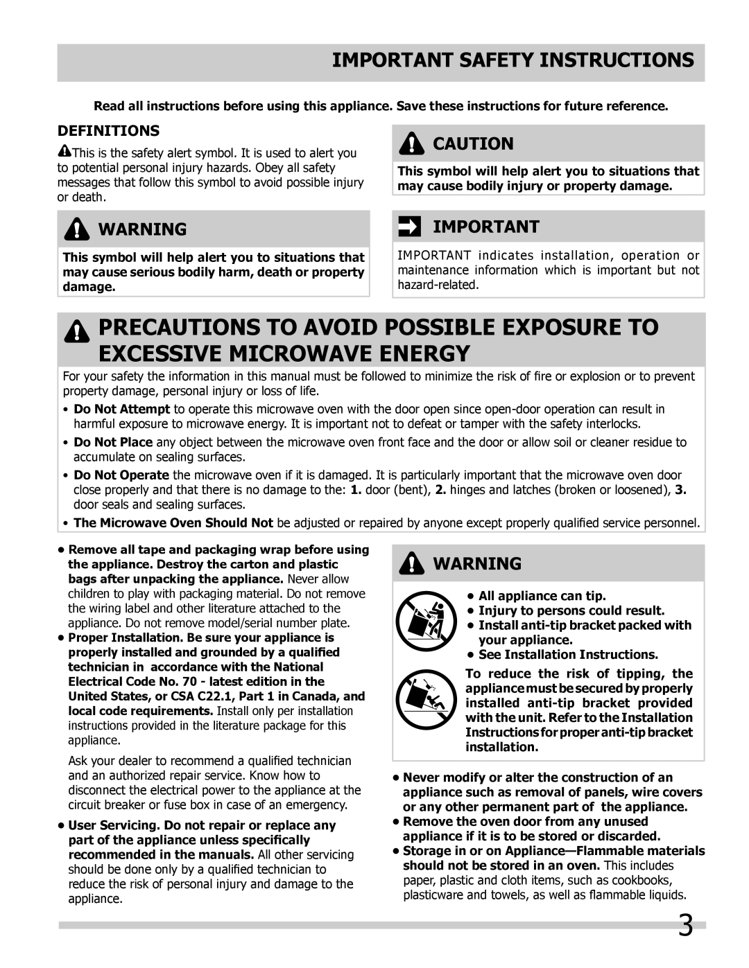 Frigidaire 318205300 important safety instructions Important Safety Instructions, Definitions 