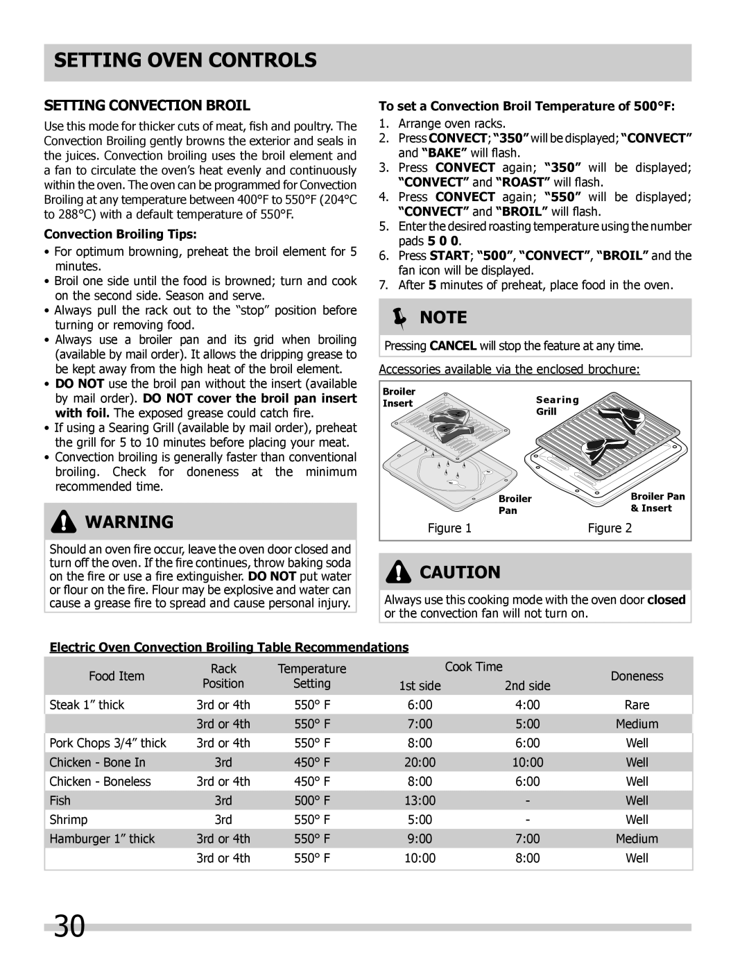 Frigidaire 318205300 Setting Convection Broil, Convection Broiling Tips, To set a Convection Broil Temperature of 500F 