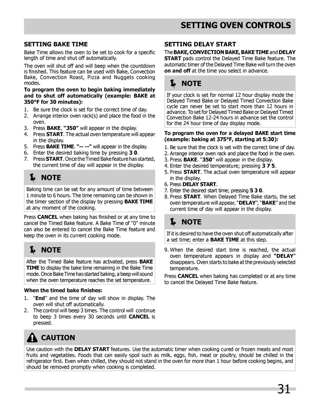 Frigidaire 318205300 Setting Bake Time, Setting Delay Start, When the timed bake finishes, Press Delay Start 