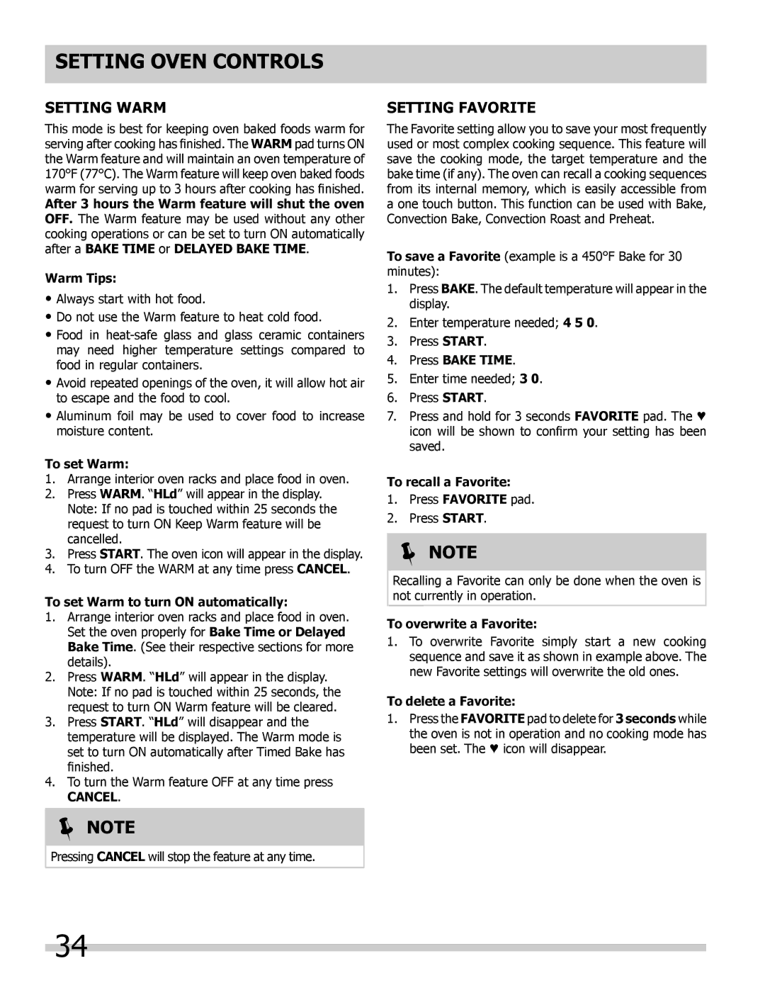 Frigidaire 318205300 important safety instructions Setting Warm, Setting Favorite 