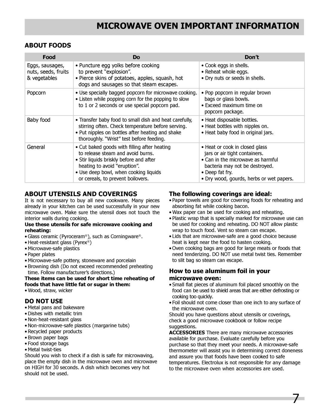 Frigidaire 318205300 important safety instructions About FoodS, About Utensils and Coverings, Food Don’t 