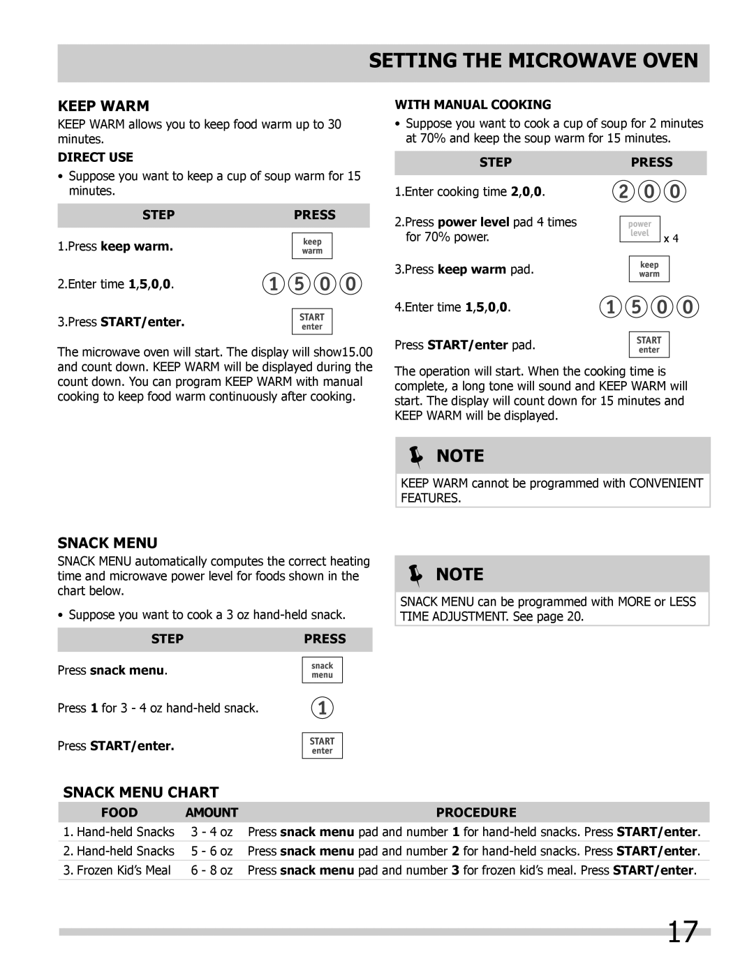 Frigidaire 318205300 Keep Warm, Snack Menu Chart, SETTING THE Microwave oven,  Note, Direct Use, Press START/enter 