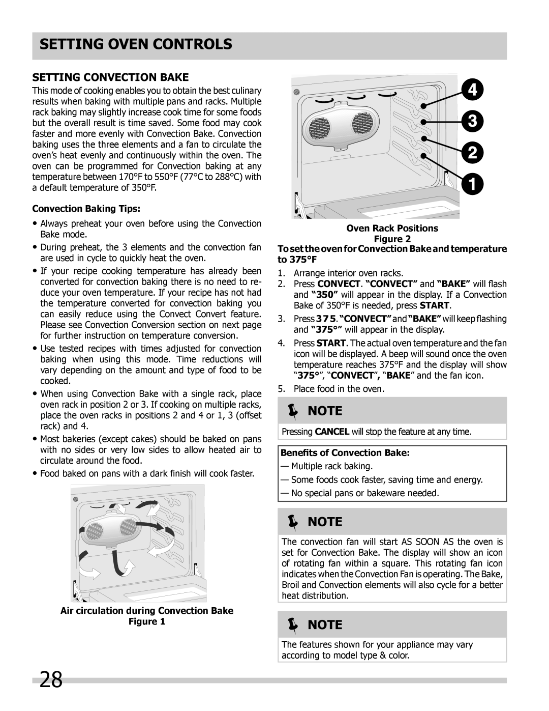 Frigidaire 318205300 Setting Oven Controls, Setting Convection Bake,  Note, Convection Baking Tips, Oven Rack Positions 