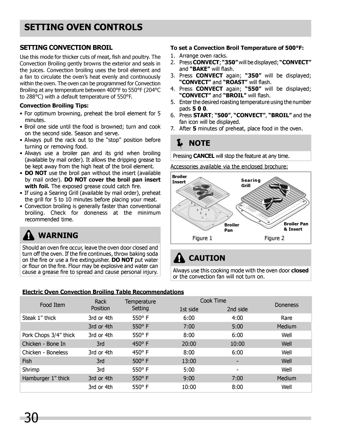 Frigidaire 318205300 Setting Convection BROIL, Setting Oven Controls,  Note, Convection Broiling Tips 