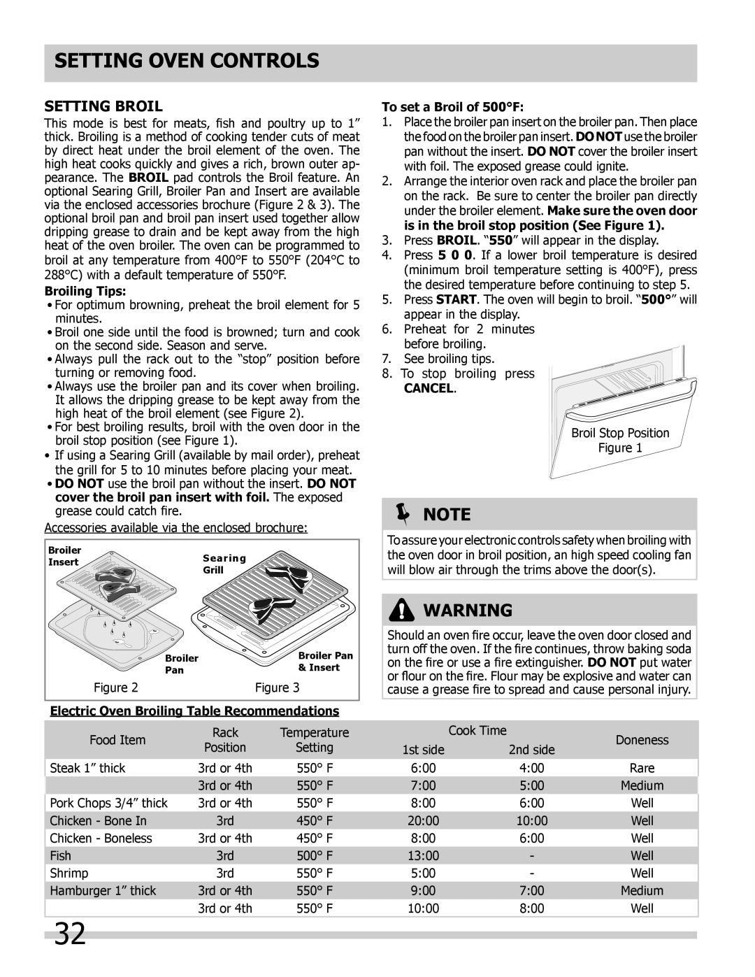 Frigidaire 318205300 Setting Broil, Setting Oven Controls,  Note, Broiling Tips, To set a Broil of 500F, Cancel 