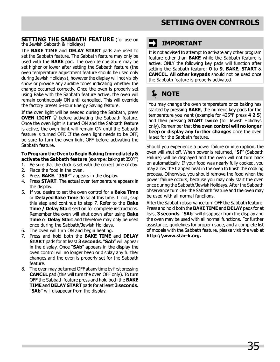 Frigidaire 318205300 important safety instructions Setting Oven Controls,  Note 