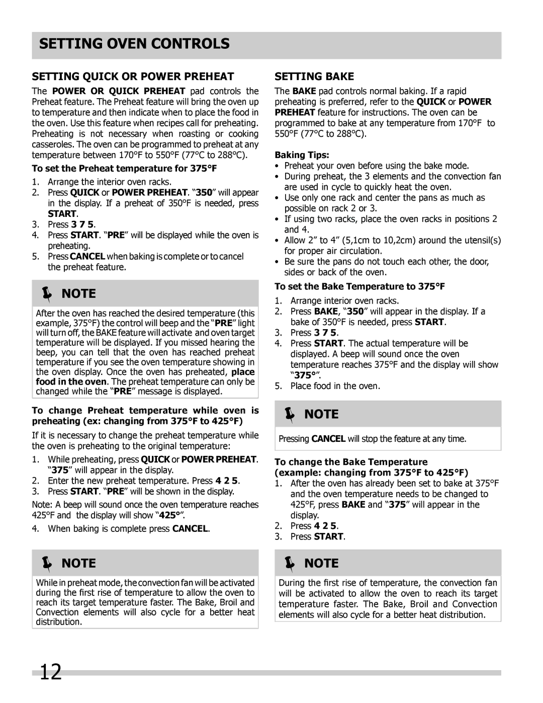 Frigidaire 318205302 manual Setting Quick or power Preheat, Setting Bake, Start 