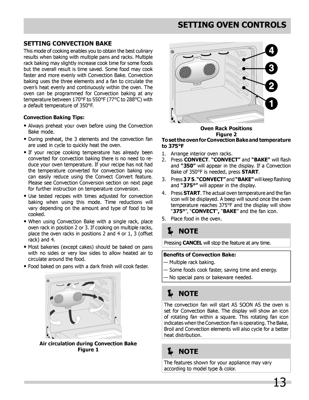 Frigidaire 318205302 Setting Oven Controls, Setting Convection Bake, Convection Baking Tips, Benefits of Convection Bake 