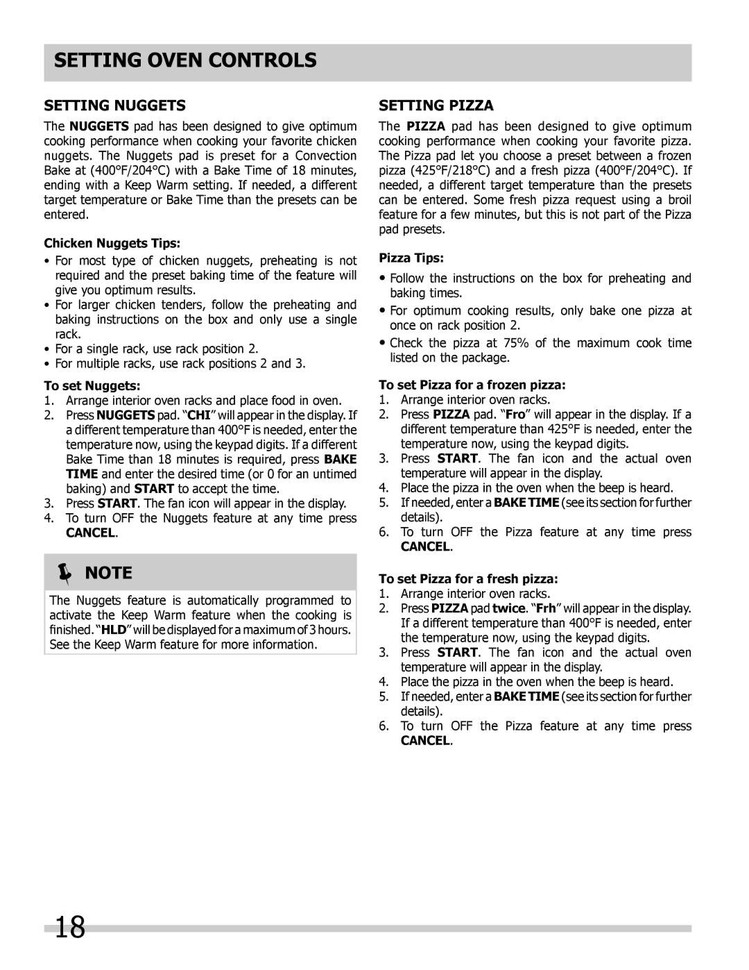 Frigidaire 318205302 manual Setting Nuggets, Setting Pizza 