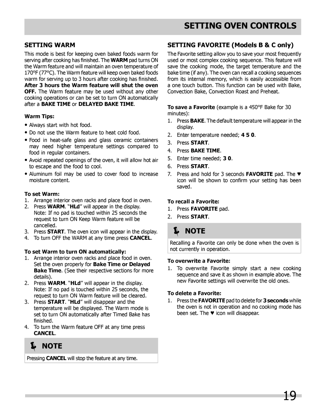 Frigidaire 318205302 manual Setting Warm, Setting Favorite Models B & C only 