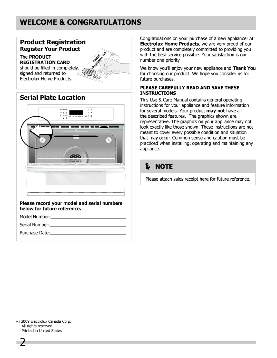 Frigidaire 318205302 Welcome & Congratulations, Register Your Product, Please Carefully read and save these instructions 