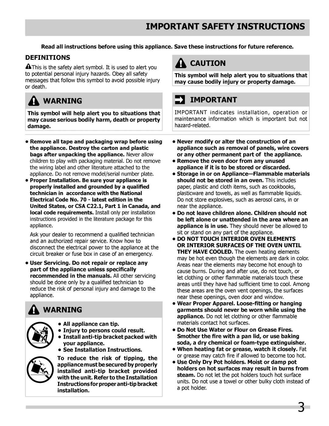 Frigidaire 318205302 manual Important Safety Instructions, Definitions, Do not Touch Interior Oven Elements 