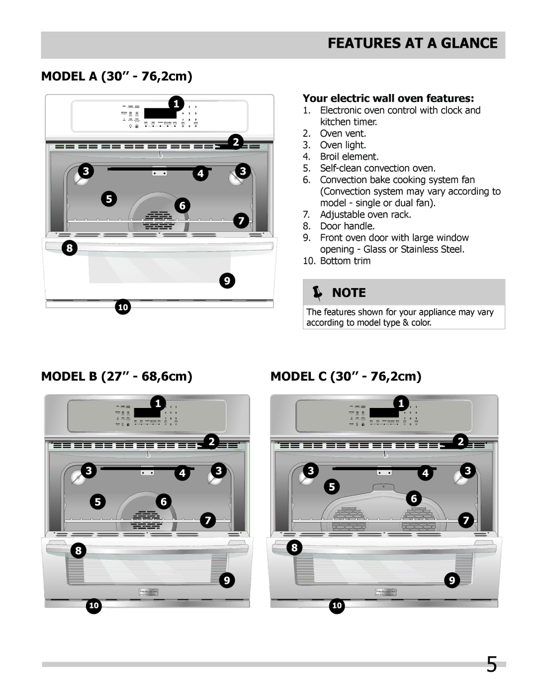 Frigidaire 318205302 manual Features AT a Glance, Your electric wall oven features 