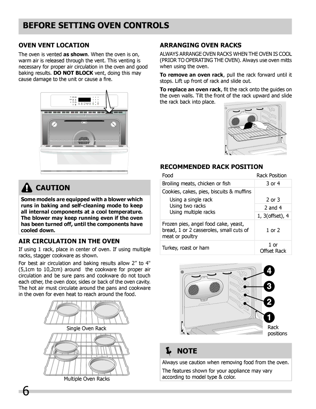 Frigidaire 318205302 Before Setting Oven Controls, Oven Vent Location, Air Circulation in the Oven, Arranging Oven Racks 