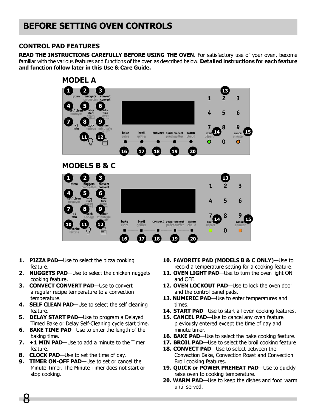 Frigidaire 318205302 manual Before Setting Oven controls, Control Pad Features, Convect Convert PAD-Use to convert 