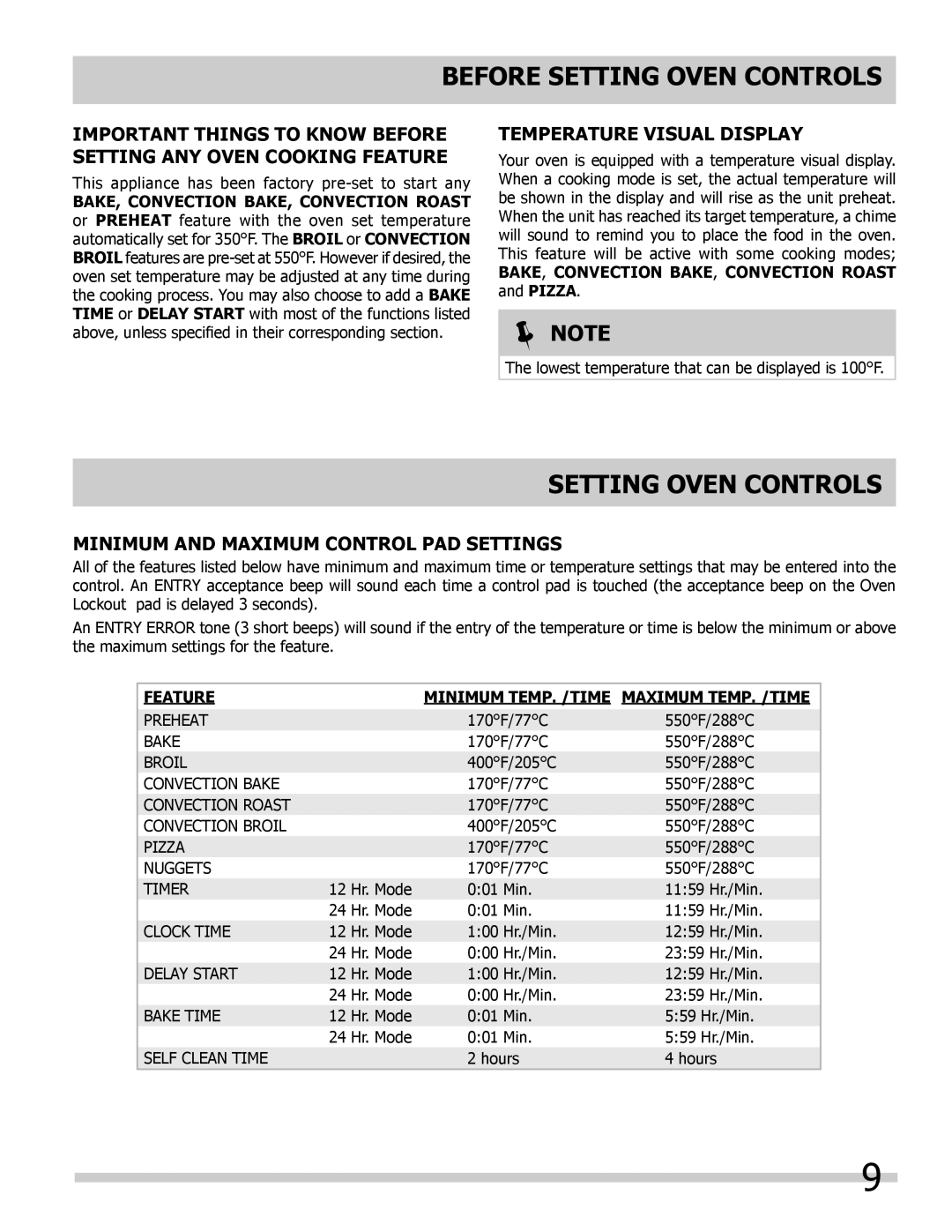 Frigidaire 318205302 manual Setting Oven controls, Temperature Visual Display, Minimum and Maximum Control Pad Settings 