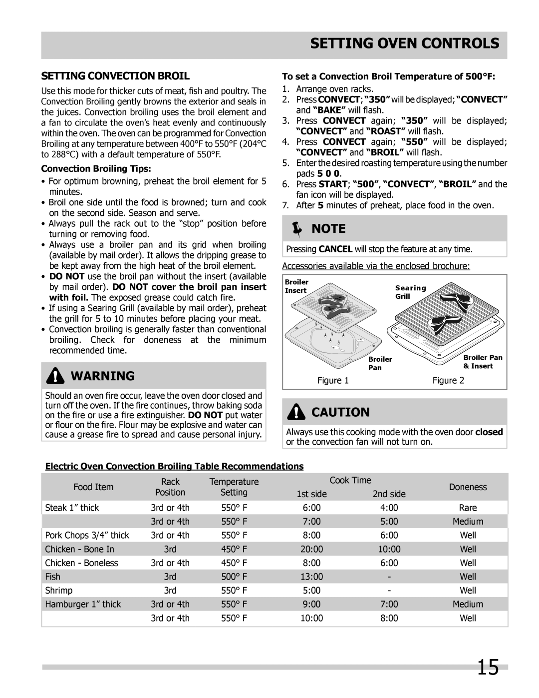 Frigidaire 318205302 manual Setting Convection BROIL, Setting Oven Controls,  Note, Convection Broiling Tips 
