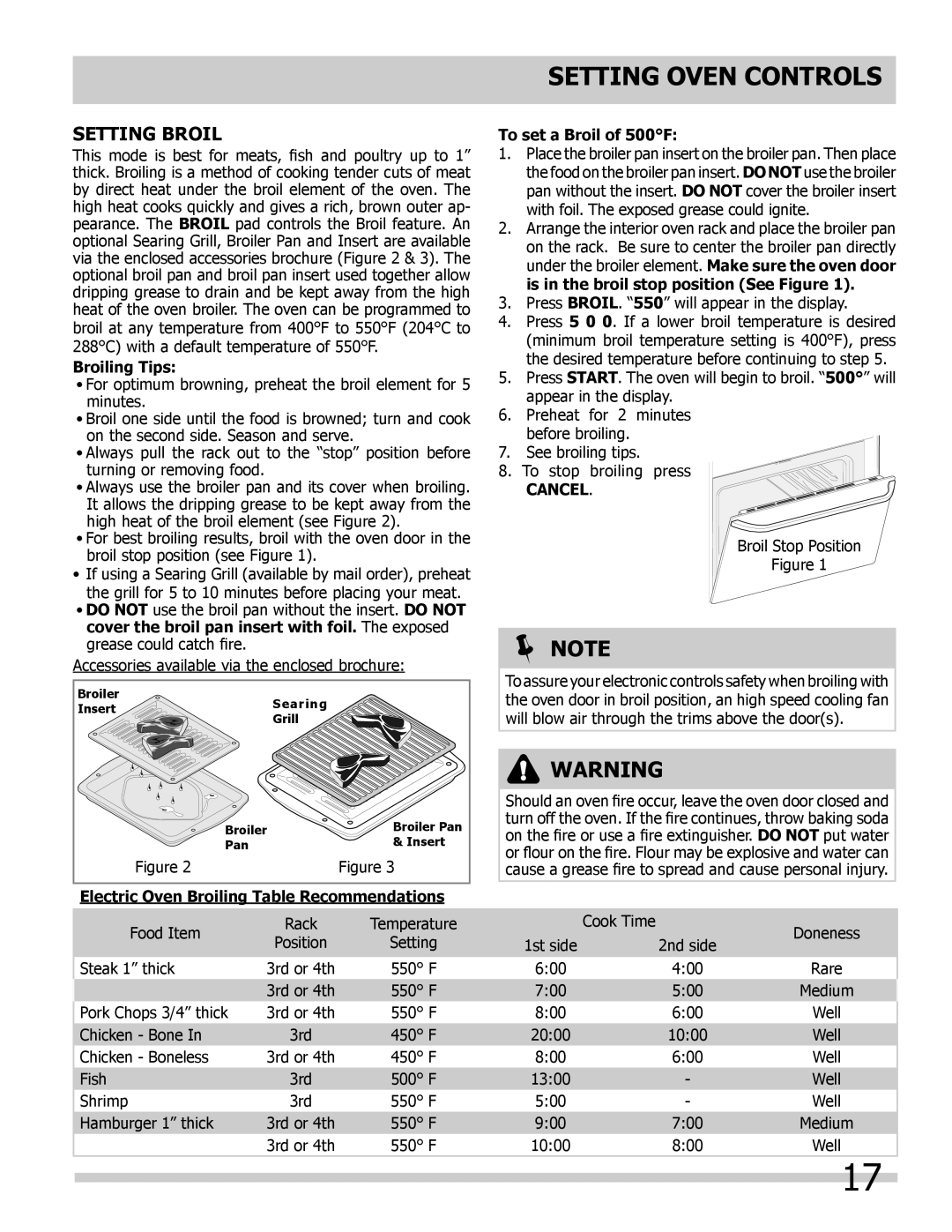 Frigidaire 318205302 manual Setting Broil, Setting Oven Controls,  Note, Broiling Tips, To set a Broil of 500F, Cancel 