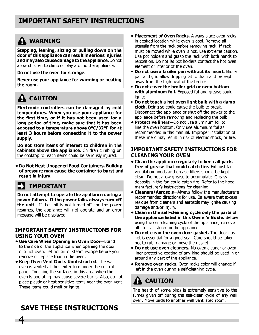 Frigidaire 318205302 manual Save these instructions, Important Safety Instructions For Using Your Oven 