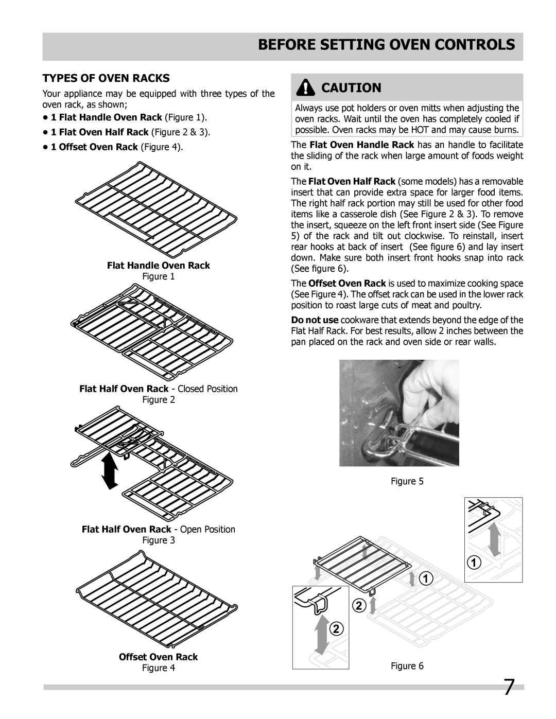 Frigidaire 318205302 manual Types of Oven Racks, Before Setting Oven Controls, Flat Handle Oven Rack Flat Oven Half Rack 