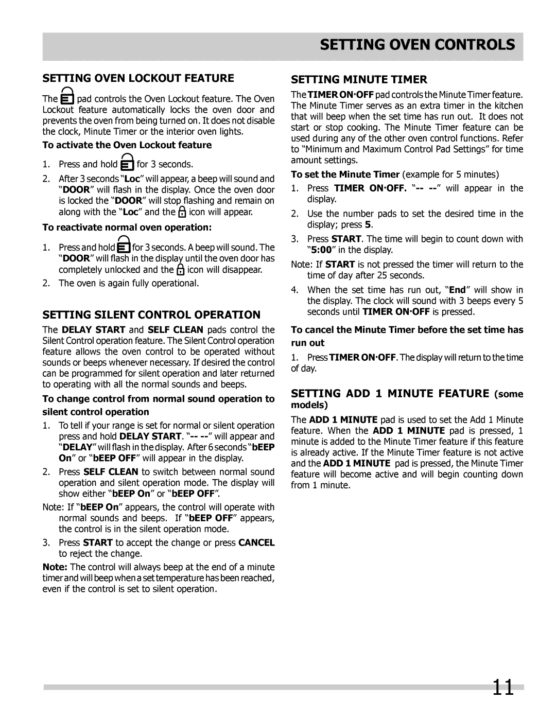 Frigidaire 318205303 Setting Oven Lockout Feature, Setting Silent Control Operation, Setting Minute Timer 